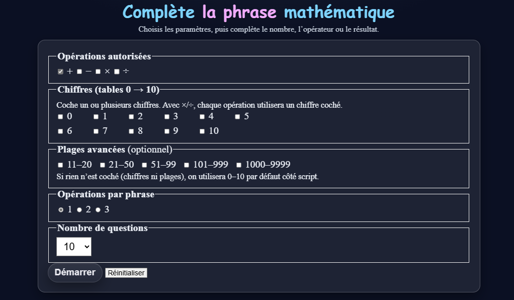 Complète la phrase mathématique